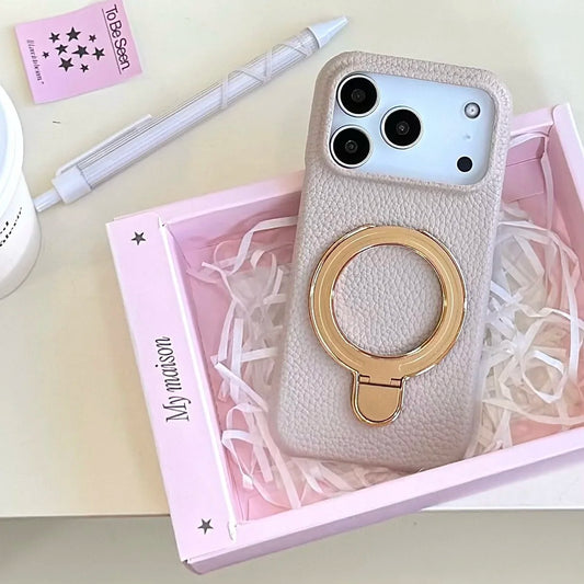 【レザーリング】上品レザー調×メタルリング付きスマホケース｜iPhone対応 #250428