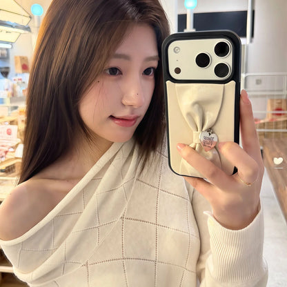 【立体リボン】 ハートチャーム付き ソフトレザー調  iPhoneケース #260207