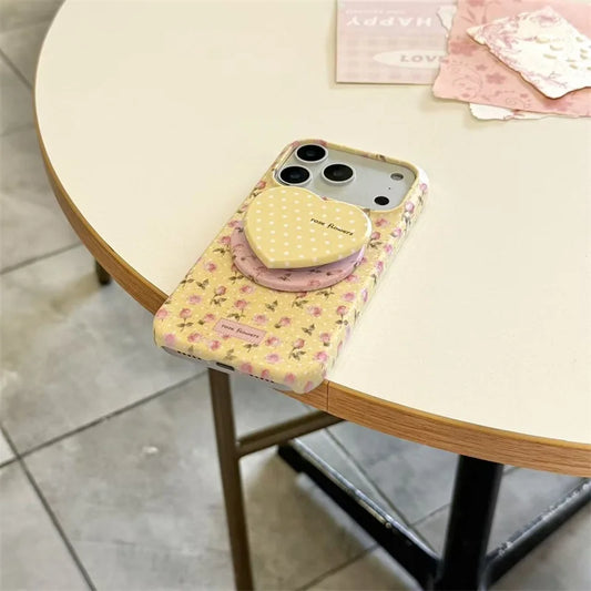 ハートグリップ イエロー花柄 Magnet内蔵 iPhoneケース｜淡色レトロ・大人かわいい #260027