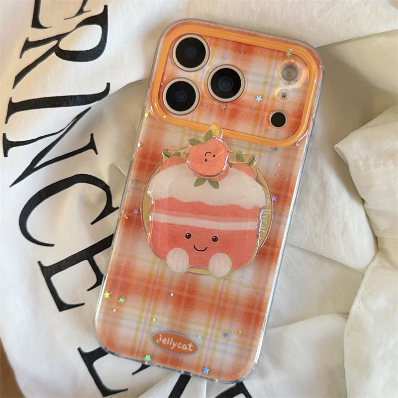 【Magnet内蔵】クリームケーキ オレンジ ギンガムチェック スマホケース｜ゆるかわポップソケット｜iPhone対応 #241203