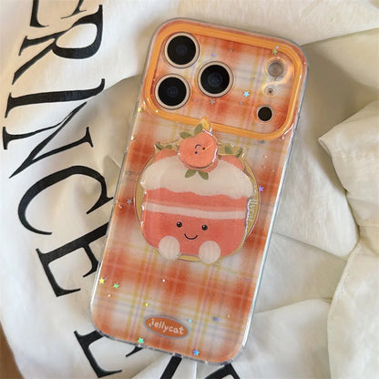 【Magnet内蔵】クリームケーキ オレンジ ギンガムチェック スマホケース｜ゆるかわポップソケット｜iPhone対応 #241203