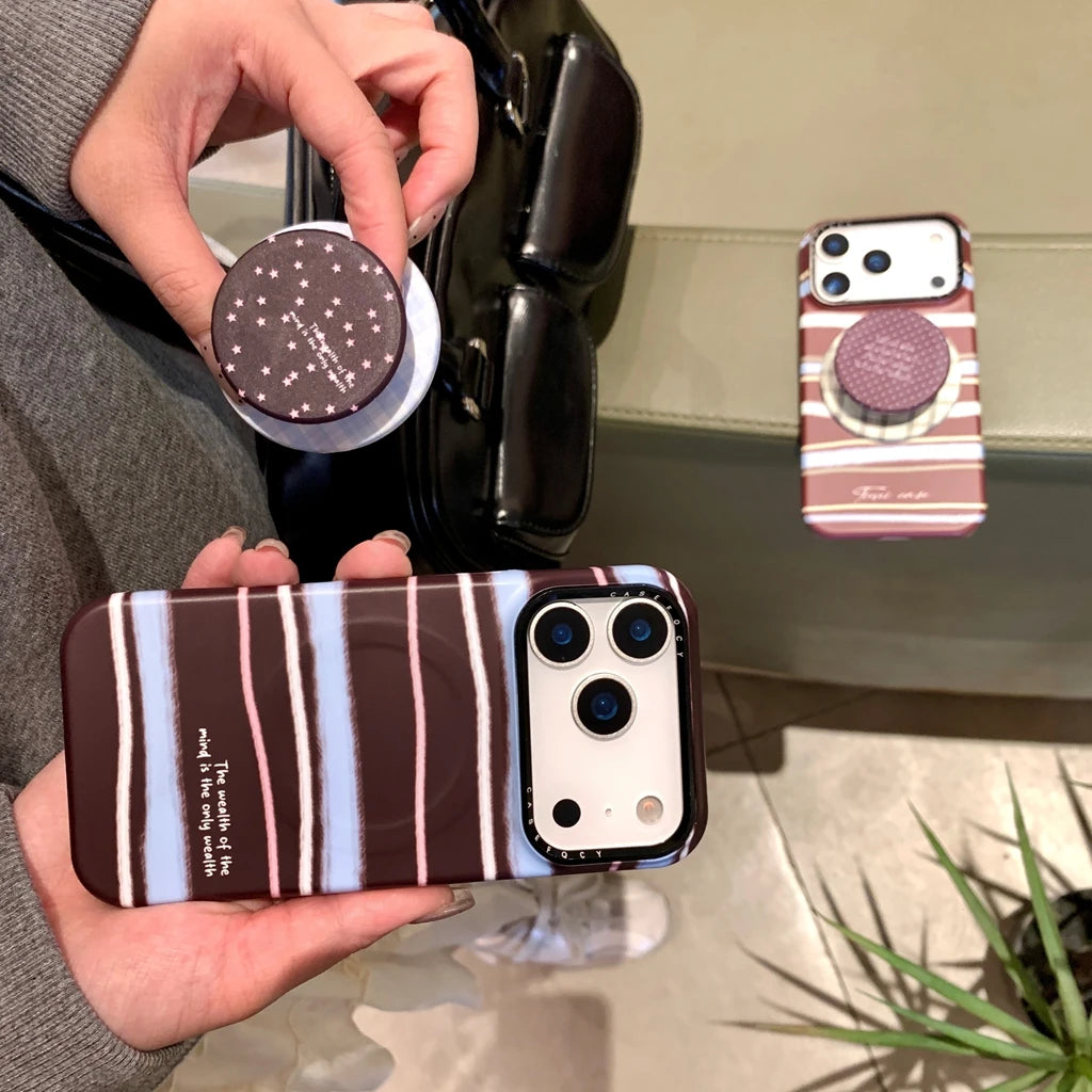 【Magsafe対応】ボルドー マルチカラーストライプ ×ドット スター スタンド スマホケース｜iPhone対応 #241224