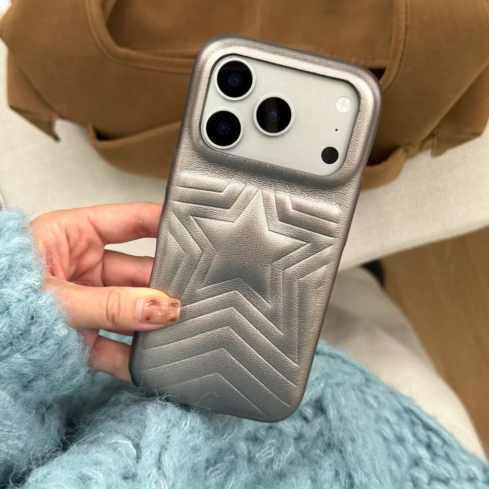 【スターエンボス】立体スター 星柄  型押しステッチ レザー調 スマホケース｜iPhone対応 #240615
