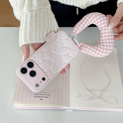 【もこもこスターキルティング】 ふわふわ チェッククッション ハンドル ストラップケース｜iPhone対応 #240913