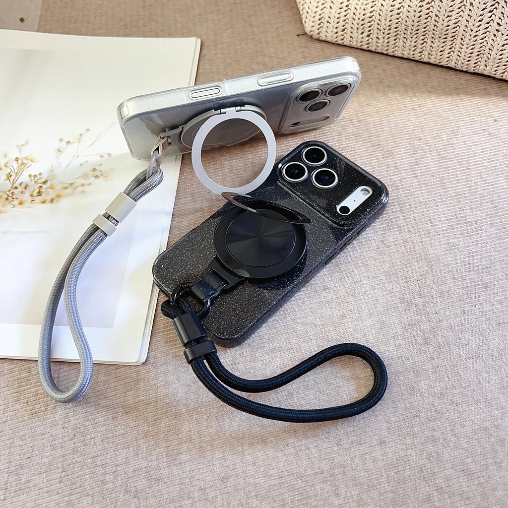 ラメグリッター×ストラップ付き Magnet内蔵 リングスタンド iPhoneケース #231115