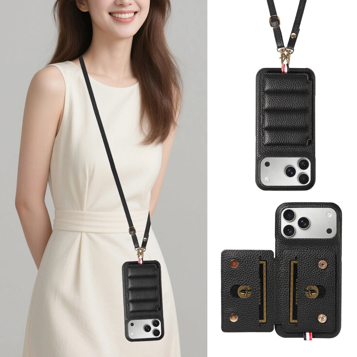 カード収納付き iPhoneケース｜キルティング レザー風デザイン・ロングストラップ付き #240528