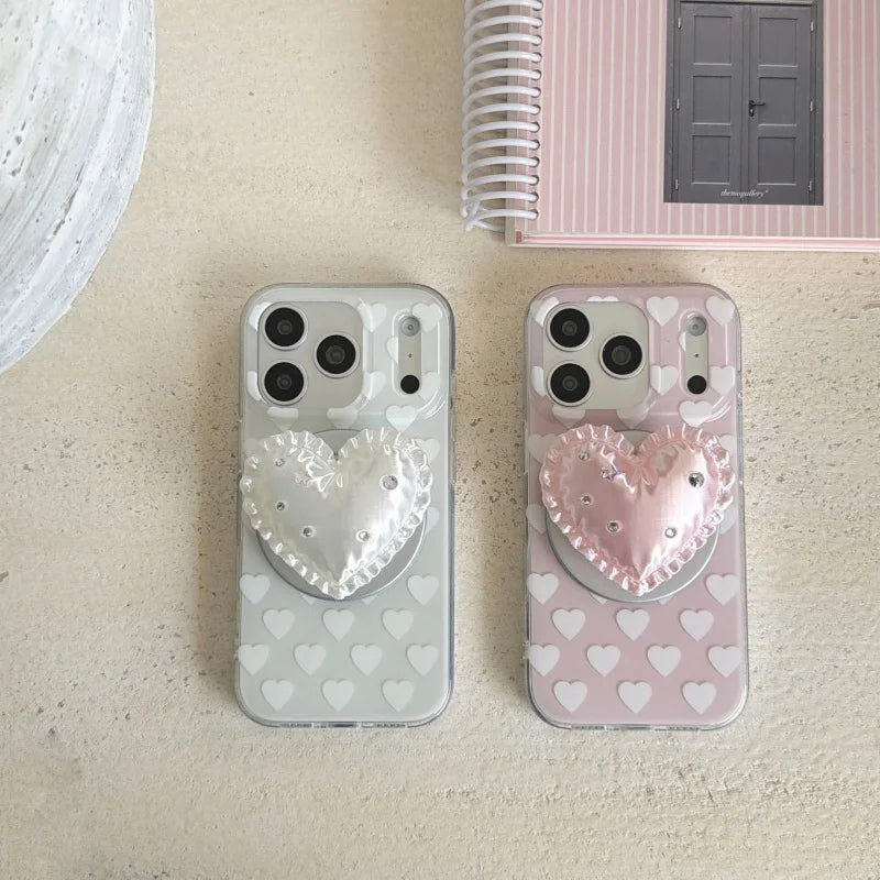 ちりばめハート フリルハート グリップ付き マグネット対応 iPhoneケース｜ガーリー・フェミニン風 #261017
