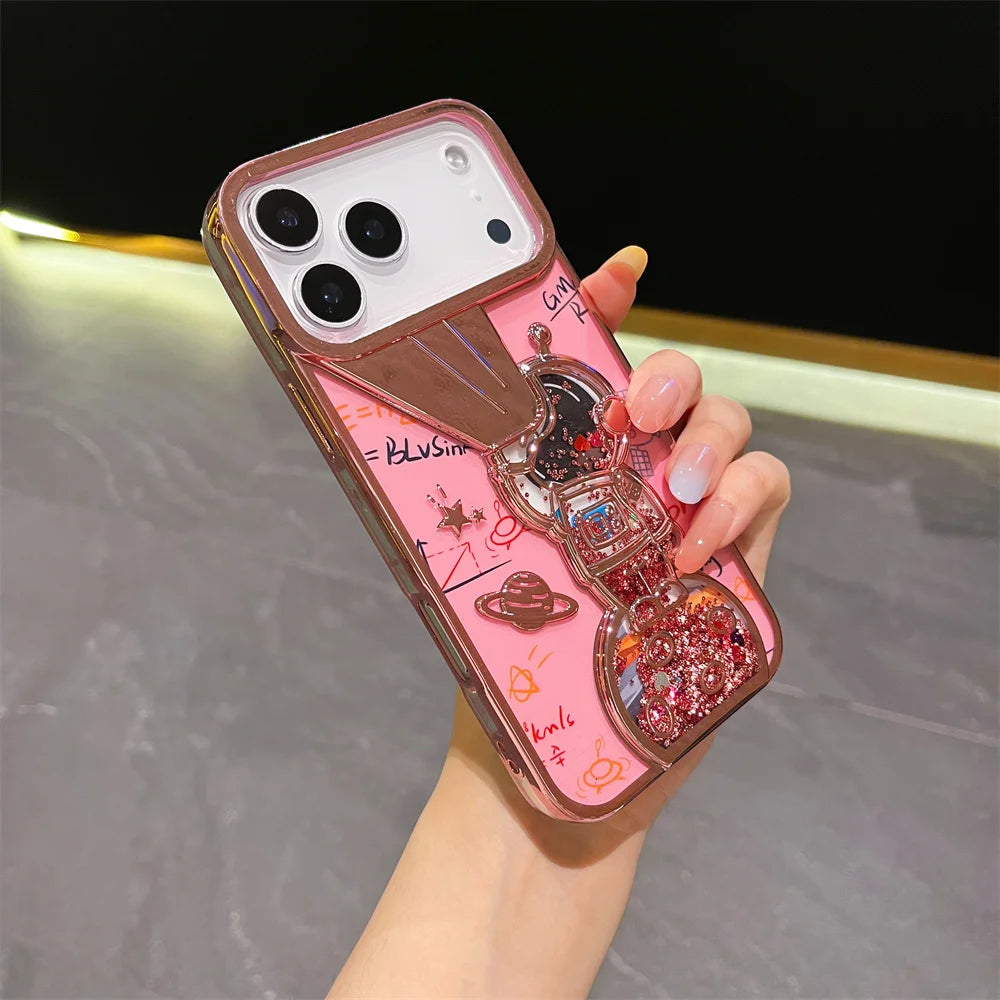 キラキラ流れるグリッター ラメ スペースアストロ 宇宙飛行士 iPhoneケース  #240418