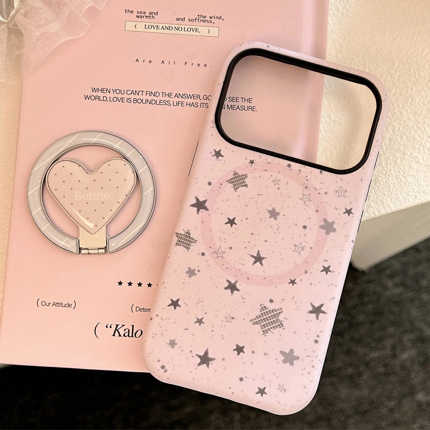 【マグネット式折りたたみハートスタンド付き】スプラッシュインク スター 星屑デザイン ハートリング付きスマホケース｜iPhone対応 #240629