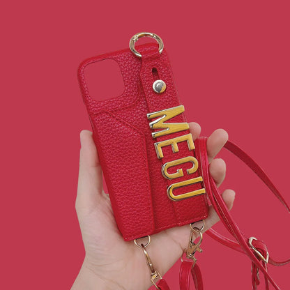 【カスタムシリーズ】ゴールドネームプレート ショルダーストラップ付き レザー調 iPhoneケース  ｜iPhone対応 #240712