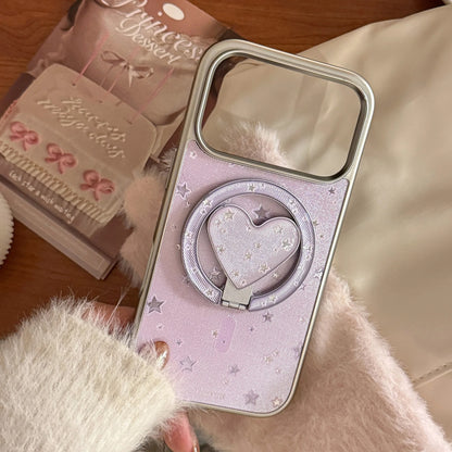【マグネット式折りたたみハートスタンド付き】星柄 ラベンダー ハートリング付きスマホケース｜iPhone対応 #240705