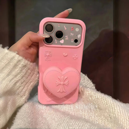 ハート×クロスモチーフ グリップスタンド付き iPhoneケース｜シリコン素材・立体デザイン #240525