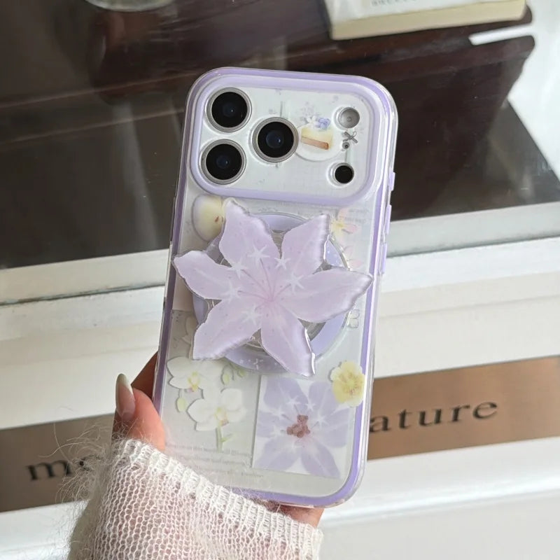 フラワーモチーフ パープル ゆり Magnet内蔵 立体グリップ付き iPhoneケース #231125