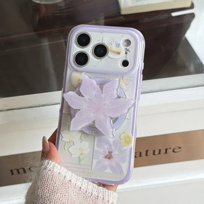 フラワーモチーフ パープル ゆり Magnet内蔵 立体グリップ付き iPhoneケース #231125