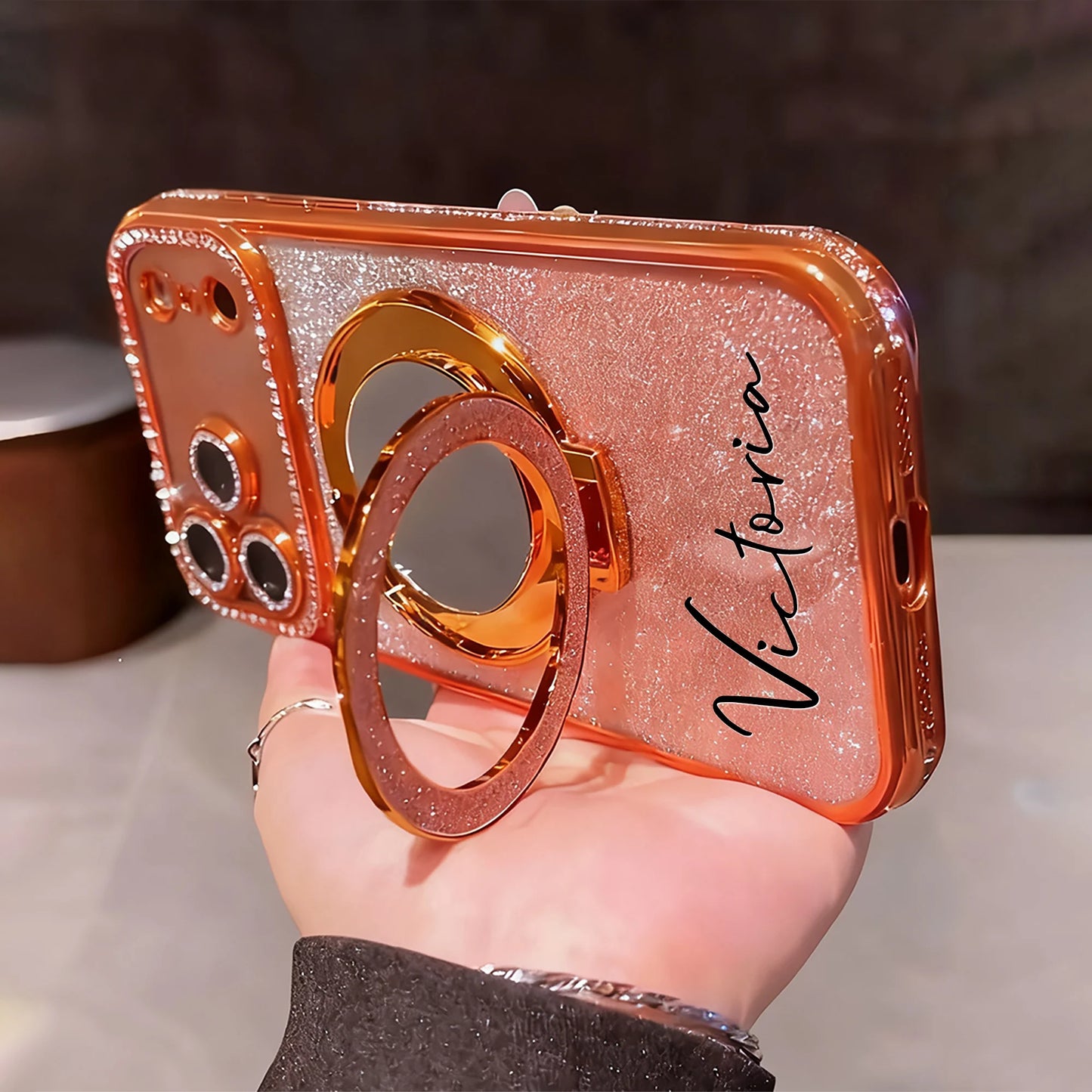 【カスタムシリーズ】名入れ リングスタンド ミラー付き iPhoneケース｜ラメグラデ #260216