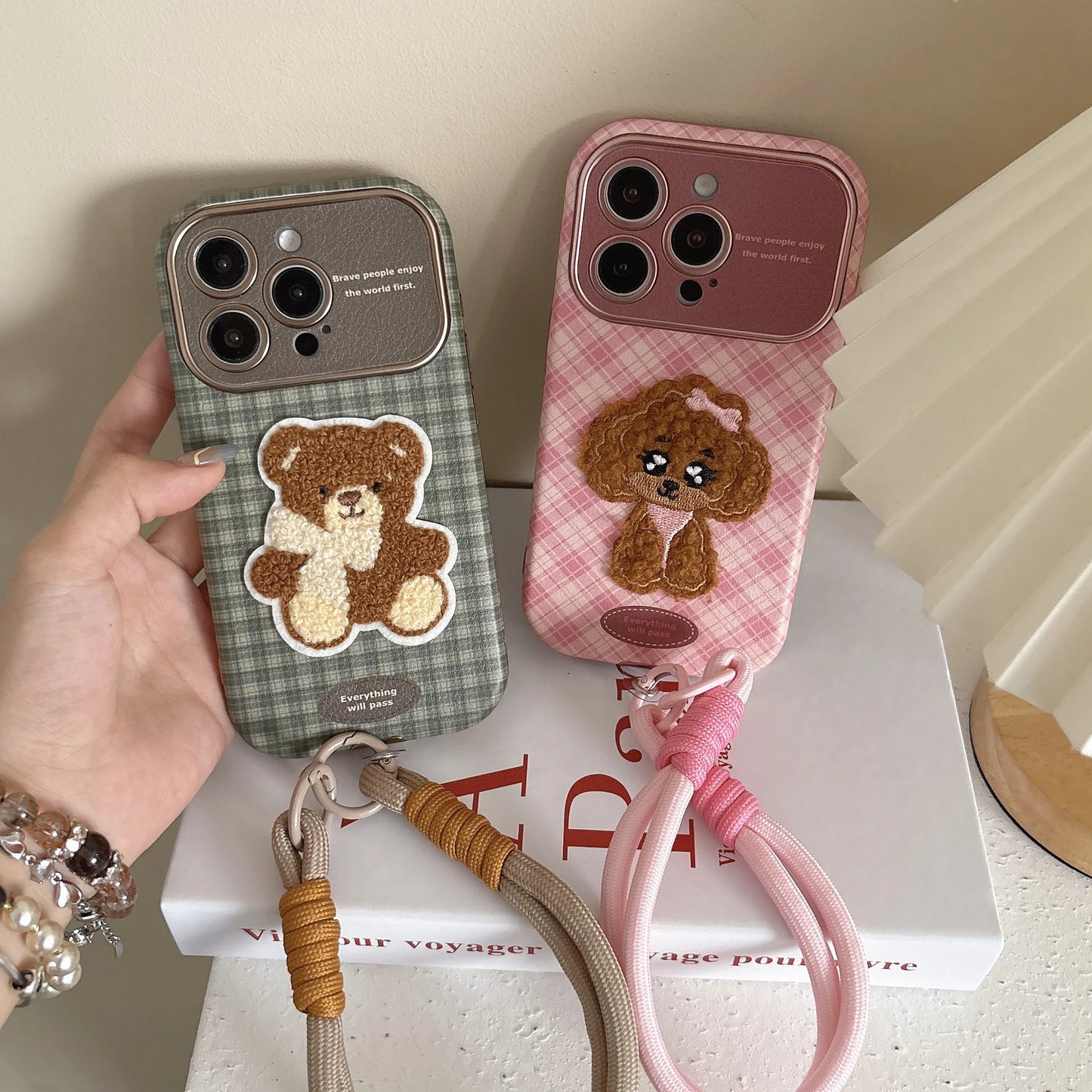 【テディチェック】くま＆プードル刺繍 チェックスマホケース｜iPhone対応 #241231