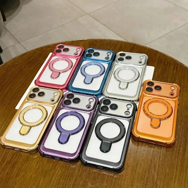 リングスタンド付き メッキフレーム バンパー Magnet内蔵 クリア iPhoneケース｜上品・シンプル #260061