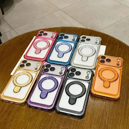 リングスタンド付き メッキフレーム バンパー Magnet内蔵 クリア iPhoneケース｜上品・シンプル #260061