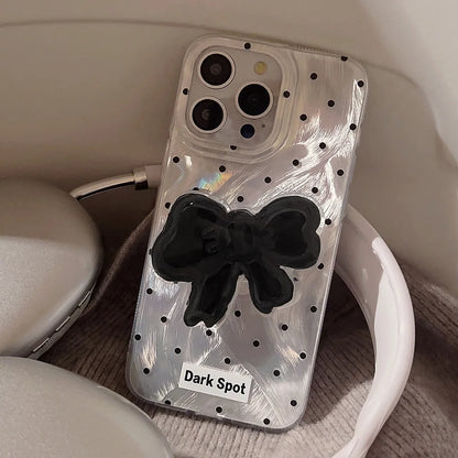 【ダークドット×立体リボンモチーフ】シルバー ホログラム iPhoneケース｜iPhone対応 #250528