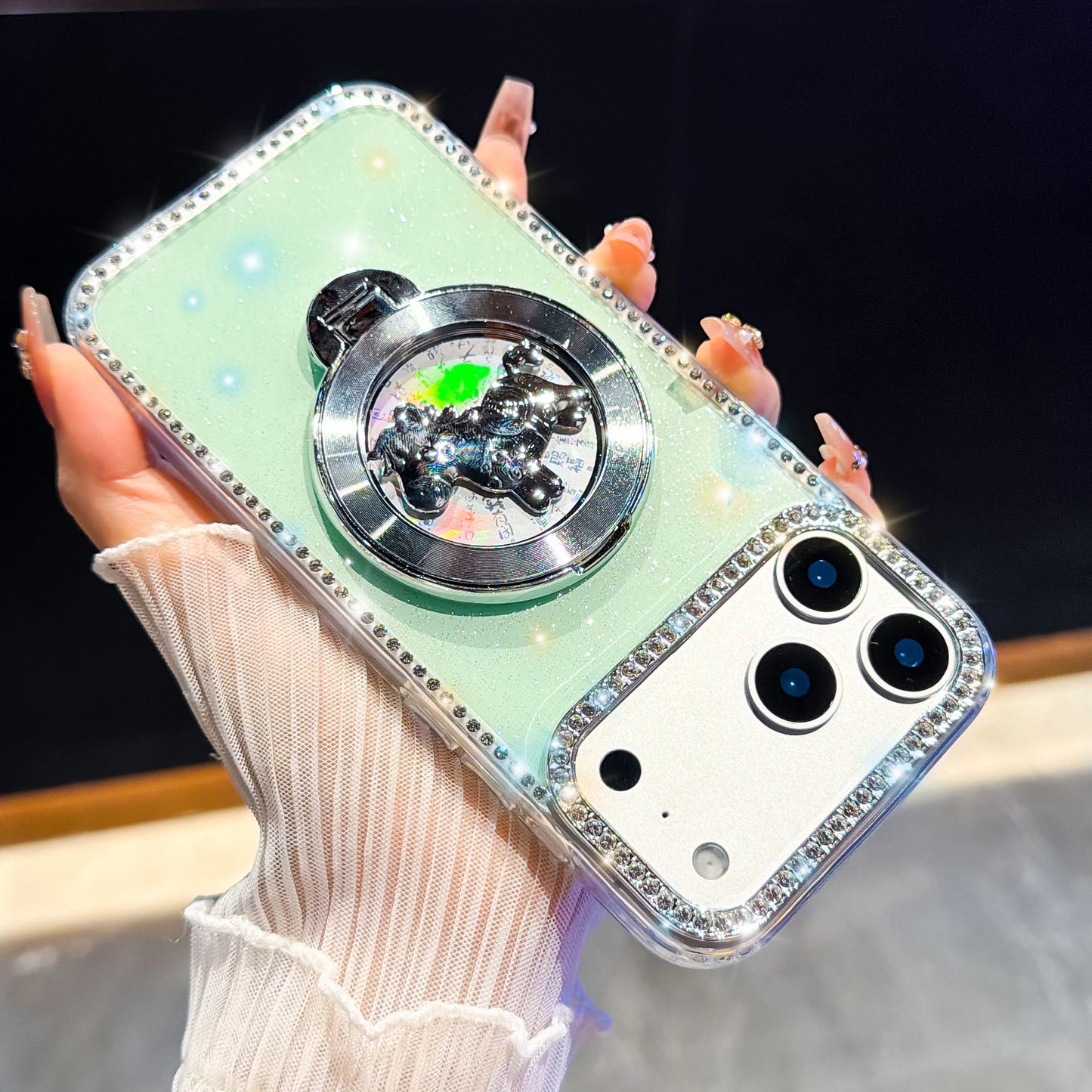 くるくる回る ユニコーン 馬 リングスタンド付き ホログラムラメ iPhoneケース #240511