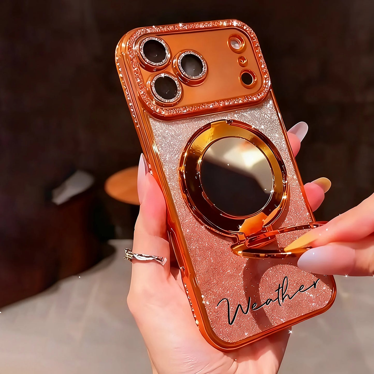 【カスタムシリーズ】名入れ リングスタンド ミラー付き iPhoneケース｜ラメグラデ #260216