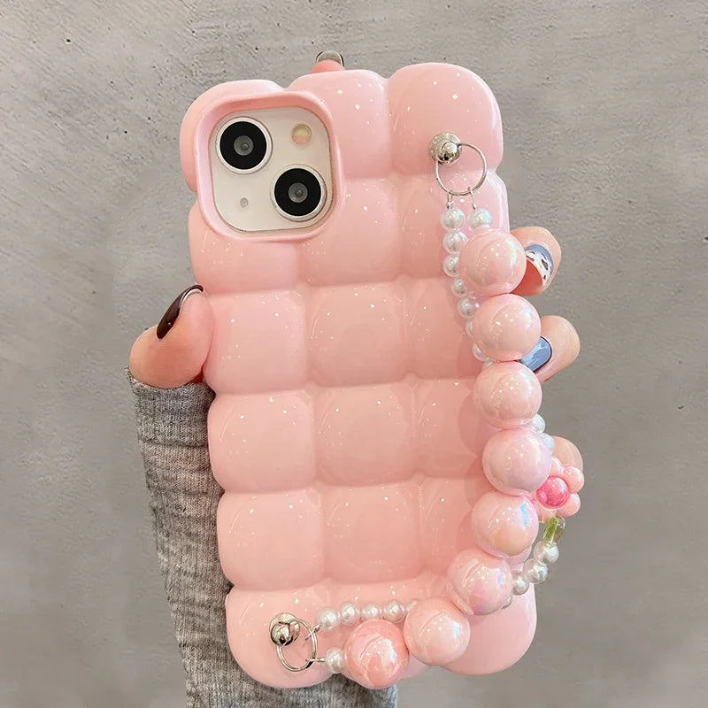 【ぽこぽこシリーズ】3D立体キューブデザイン ビーズストラップ付き スマホケース｜iPhone対応 #251027