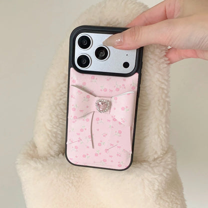 【立体リボン】ハートビジュー フラワー ソフトレザー調 小花柄 iPhoneケース #260208