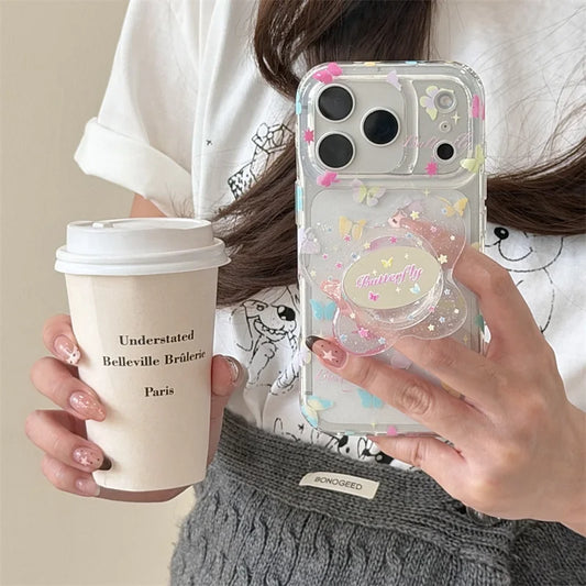 カラフルバタフライ きらめきクリア グリップ付き iPhoneケース｜淡色フェアリー #260009
