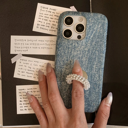 【デニムパール】ヴィンテージ デニム調 パール ビーズリング スタンド スマホケース｜iPhone対応 #250420