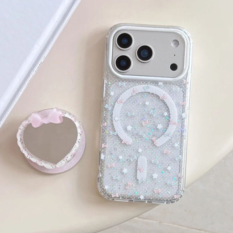 ハートミラー グリッターiPhoneケース｜キラキラフレーム・ミラーグリップ付きデザイン #240426