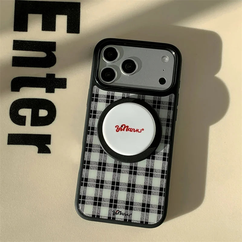 チェック柄 スタンドグリップ付き Magnet内蔵 iPhoneケース｜レトロデザイン #260003