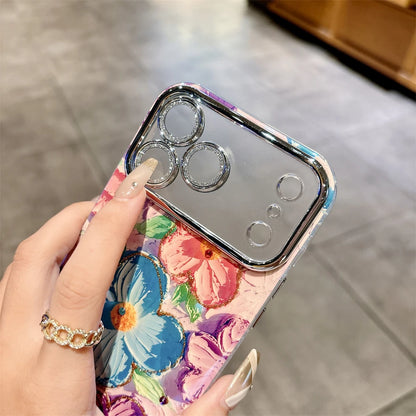 【フラワーアートシリーズ】カラフルハンドペイント風 キラキラレンズ保護 花柄 スマホケース｜iPhone対応 #251208