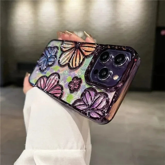【クリスタルフラワー】立体エンボス フラワーデザイン スマホケース｜iPhone対応