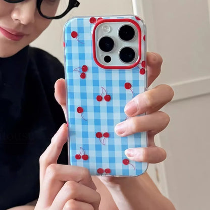 【フルーツシリーズ】ギンガムチェック＆チェリー柄 クリアスマホケース｜iPhone対応 #250929