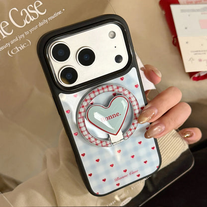 【マグネット式折りたたみハートスタンド付き】ブルーギンガムチェック柄 ハートリング付きスマホケース｜iPhone対応 #240703