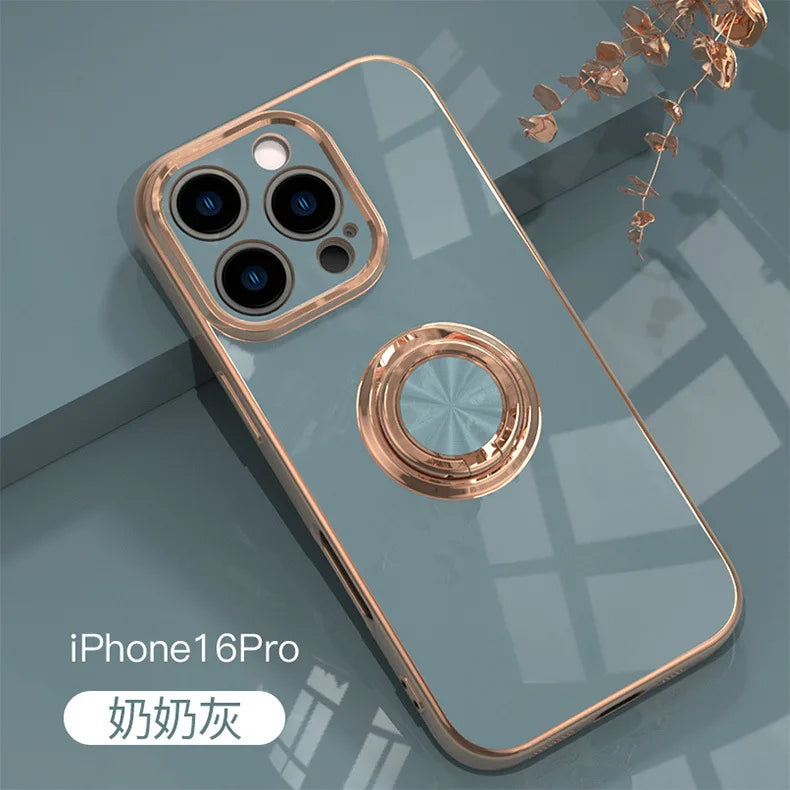 リングスタンド付き ゴールド メタルフレーム iPhoneケース #240113