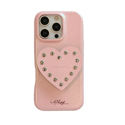 【スタッズハートスタンド】レザー デニム ハート×シルバースタッズ スマホケース｜iPhone対応 #250327