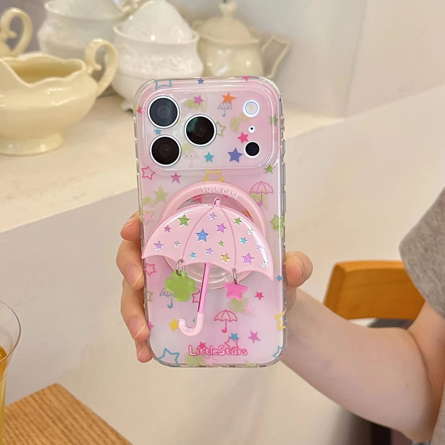 キラキラアンブレラ スマホグリップ付きクリアケース｜星柄 パステル iPhoneケース #260070