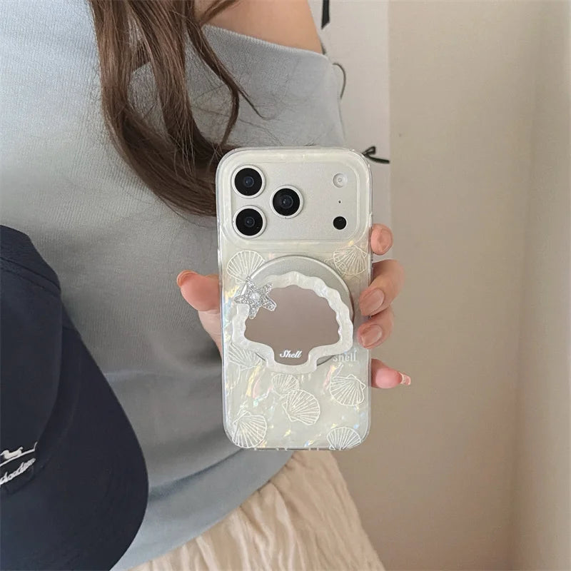シェルグリップ 貝殻 ミラー Magnet内蔵 iPhoneケース｜ホワイトオーロラデザイン #230706