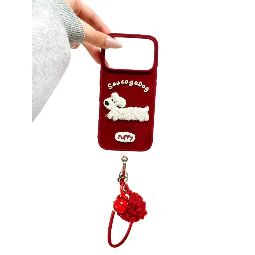 【アニマルシリーズ】もこもこドッグ スマホケース｜立体わんこ刺繍×ポンポンチャーム付き｜iPhone対応 #241209