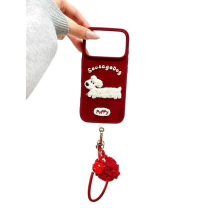 【アニマルシリーズ】もこもこドッグ スマホケース｜立体わんこ刺繍×ポンポンチャーム付き｜iPhone対応 #241209