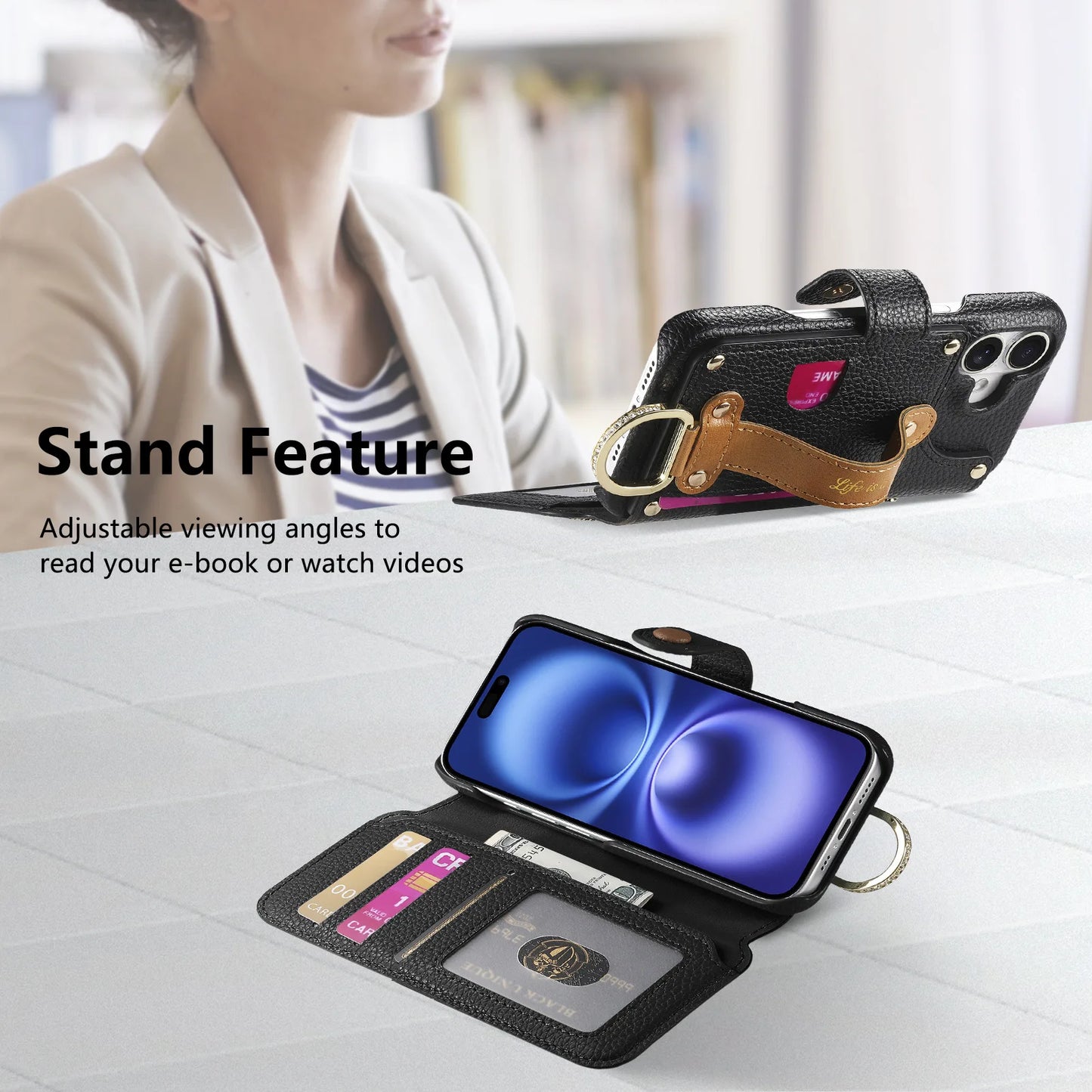 【ブックスタイル】キーリング付き レザー調 財布一体型 手帳型 iPhoneケース｜ファスナー収納・多色展開 #240128