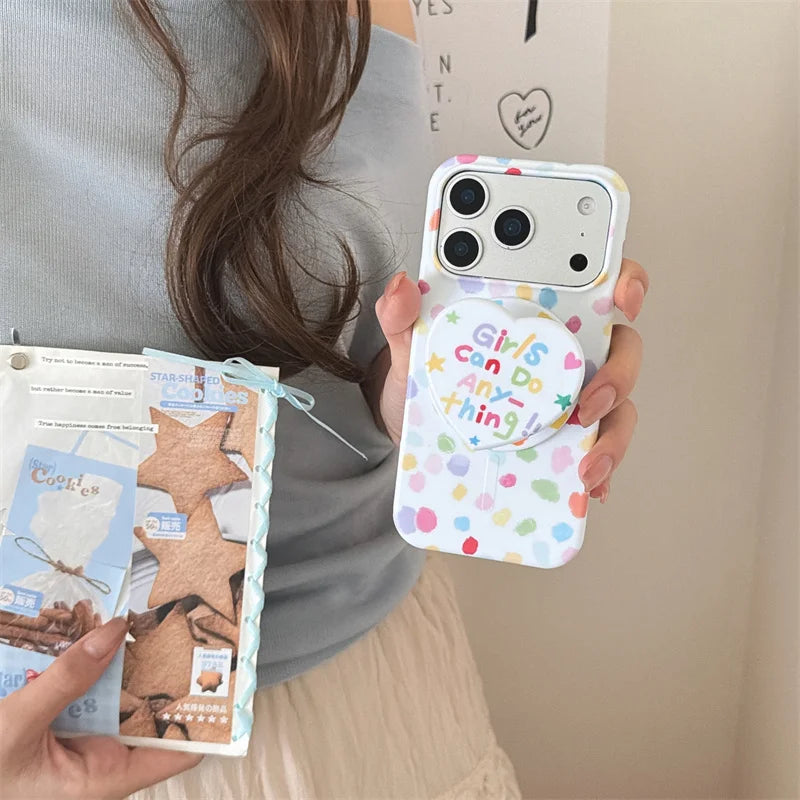 ガーリーポップ カラフルドット 水玉ペイント Magnet内蔵 iPhoneケース｜ハートグリップ付き #230708