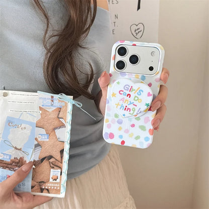 ガーリーポップ カラフルドット 水玉ペイント Magnet内蔵 iPhoneケース｜ハートグリップ付き #230708