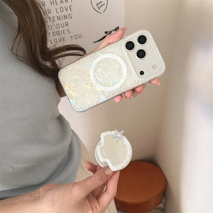 シェルグリップ 貝殻 ミラー Magnet内蔵 iPhoneケース｜ホワイトオーロラデザイン #230706
