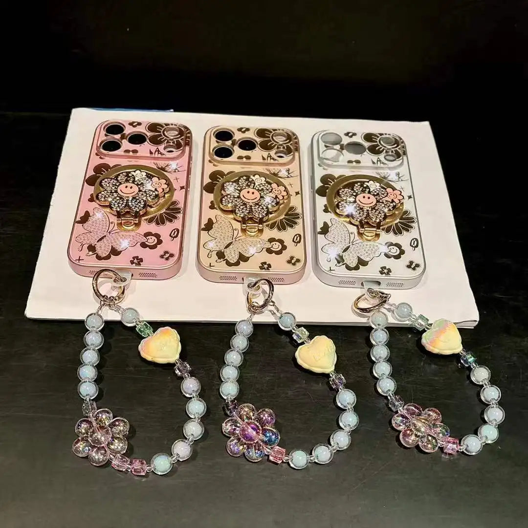 【フラワーシリーズ】キラキラ立体スマイルフラワー＆バタフライ デザインスマホケース｜iPhone対応 #251211
