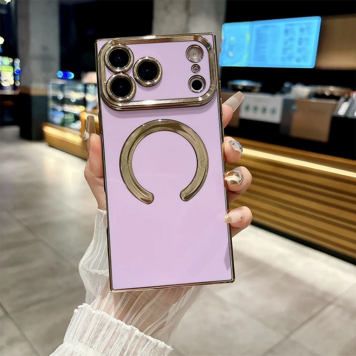 【スクエアシリーズ】Magsafe対応 メタリック縁取り スマホケース 高級感 薄型 背面保護 スマホケース カバー | iPhone対応 #250412