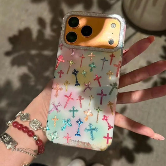 【カラフルクロス】グラデーションクリア×クロス柄 スマホケース｜iPhone対応 #240731