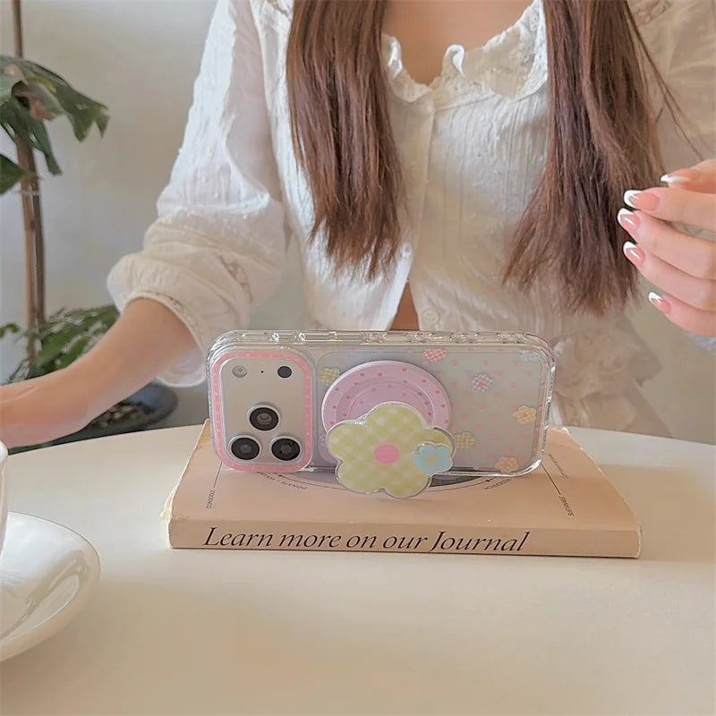 チェックフラワーグリップ 花柄 透明感 Magnet内蔵 iPhoneケース｜パステル #260028