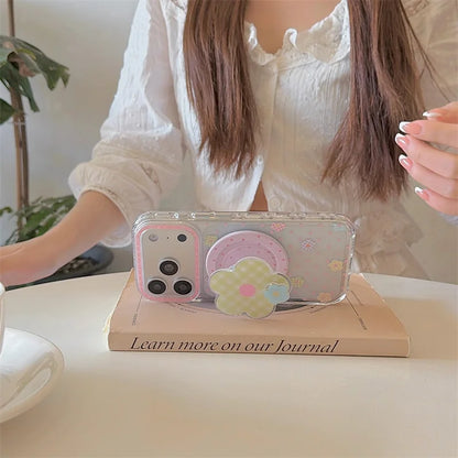 チェックフラワーグリップ 花柄 透明感 Magnet内蔵 iPhoneケース｜パステル #260028